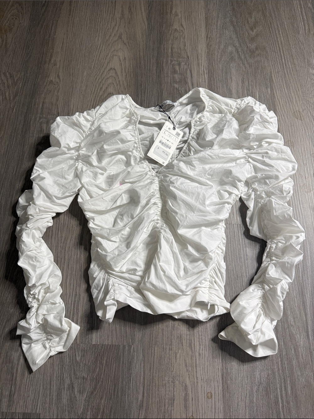Zara White Ruched V-Neck Long Sleeve Top